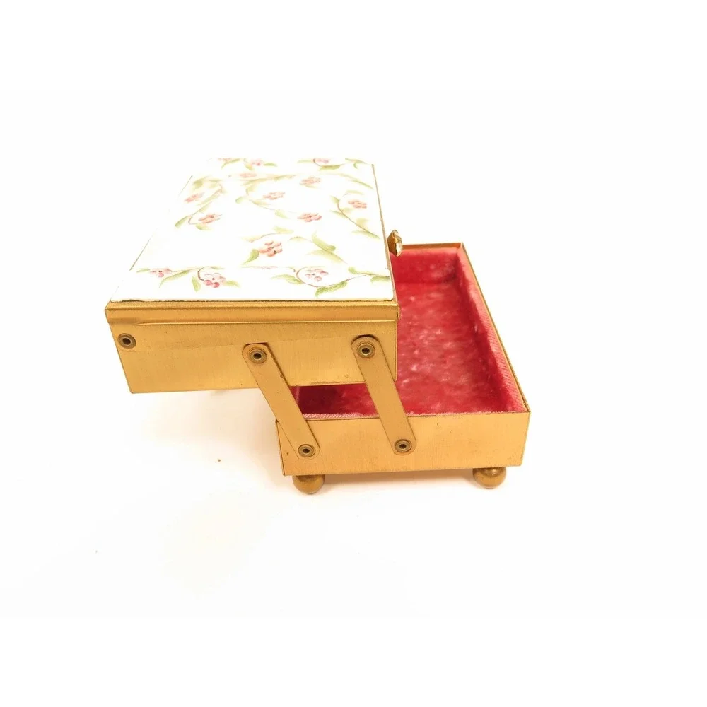 ANTIQUE RARE PINK FLOWERS GREEN LEAVES GUILLOCHE ENAMEL TIERED JEWELRY BOX‎